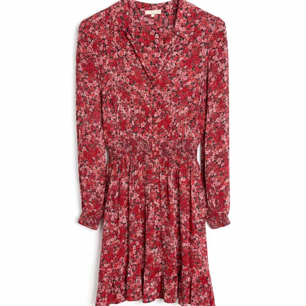ByTiMo Floral Mini Dress Size Small Red Pink Romantic Smocked Waist Long Sleeve